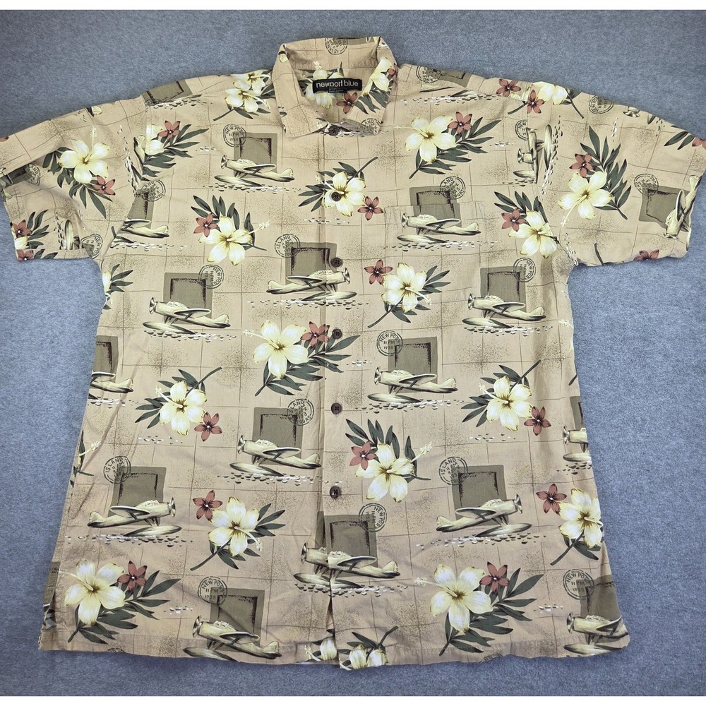Vintage Newport Blue Shirt Mens Large Tan Tropical Airplane Floral Cotton Rayon